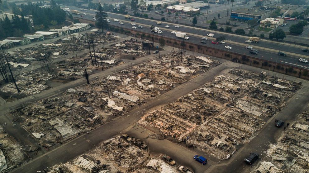 PHOTO: A view of Journey's End Mobile Home Park after a wildfire passed through in Santa Rosa, Calif., Oct. 10, 2017.