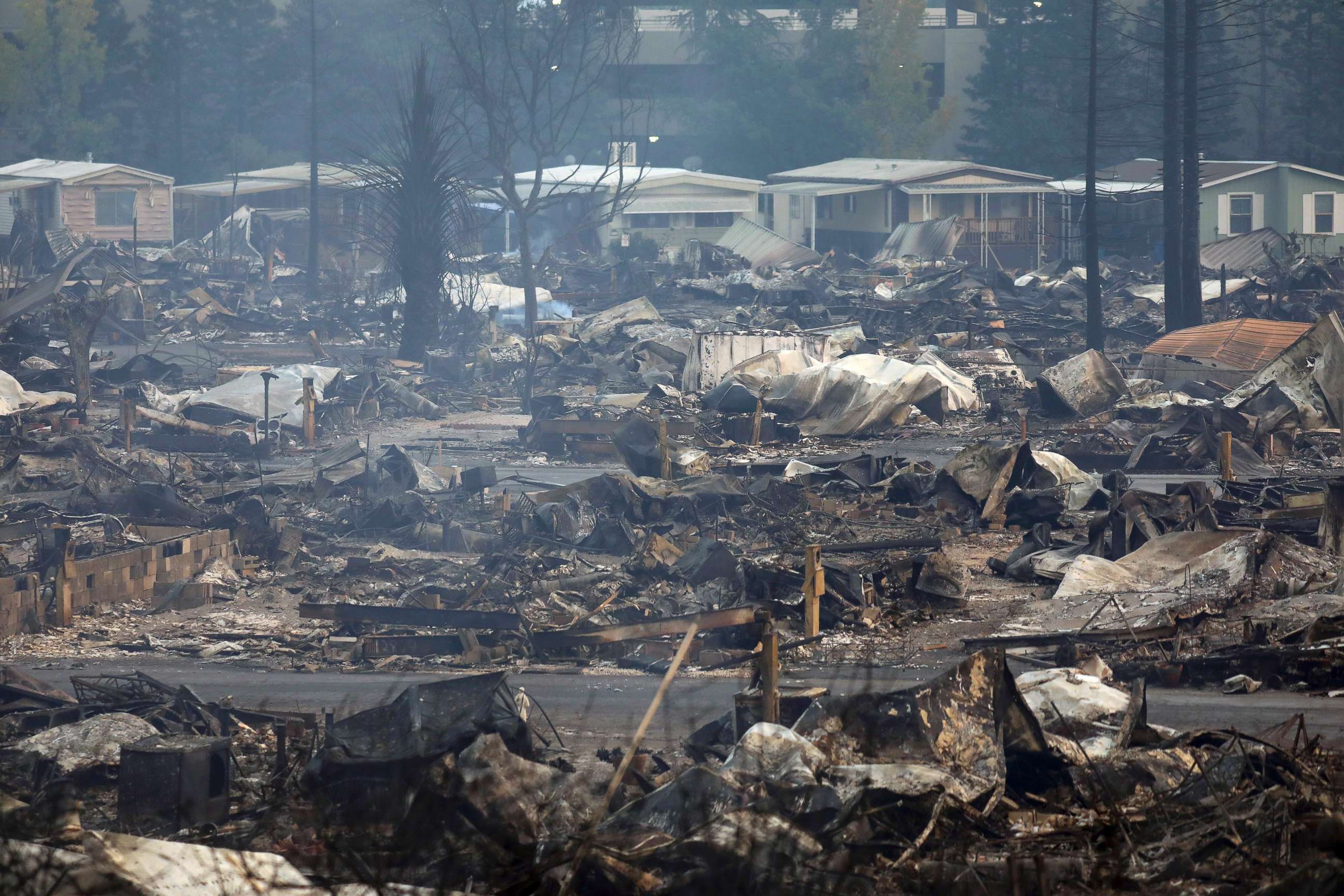 PHOTO: Destroyed homes at the Journey's End Mobile Home Park after a wildfire passed through in Santa Rosa, Calif., Oct. 9, 2017.