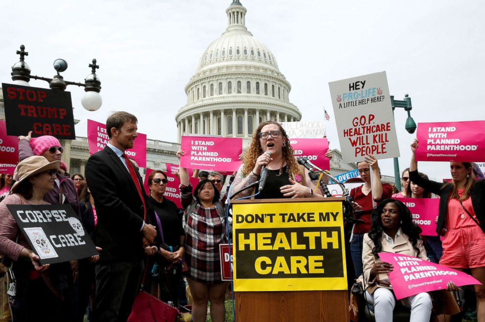 PHOTO: Protesters rally during U.S. House voting on the American Health Care Act, which repeals major parts of the 2000 Affordable Care Act known as Obamacare, on Capitol Hill in Washington, D.C., May 4, 2017.