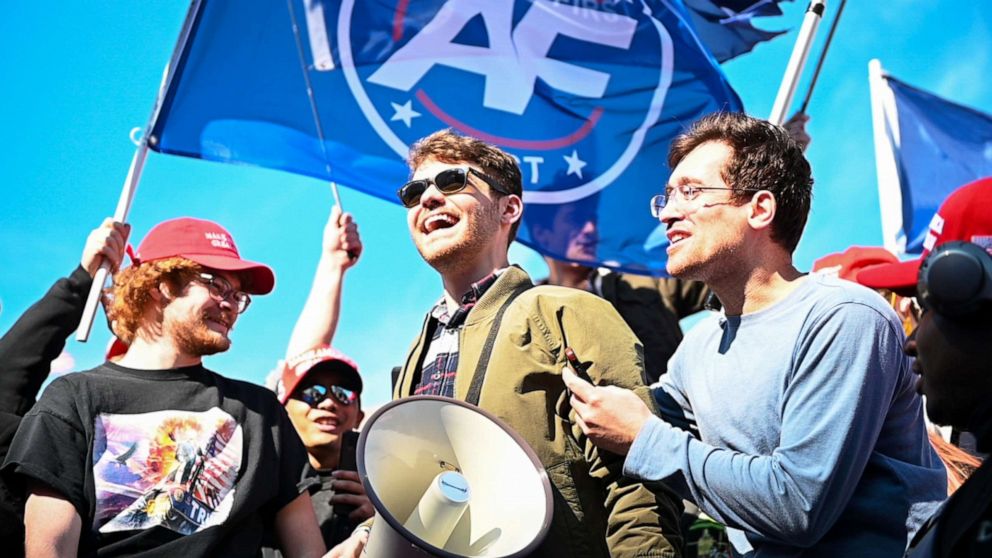PHOTO: Nicholas Fuentes, the leader of the far right group America First, speaks to his followers at a rally in Washington, D.C., Nov. 14, 2020.
