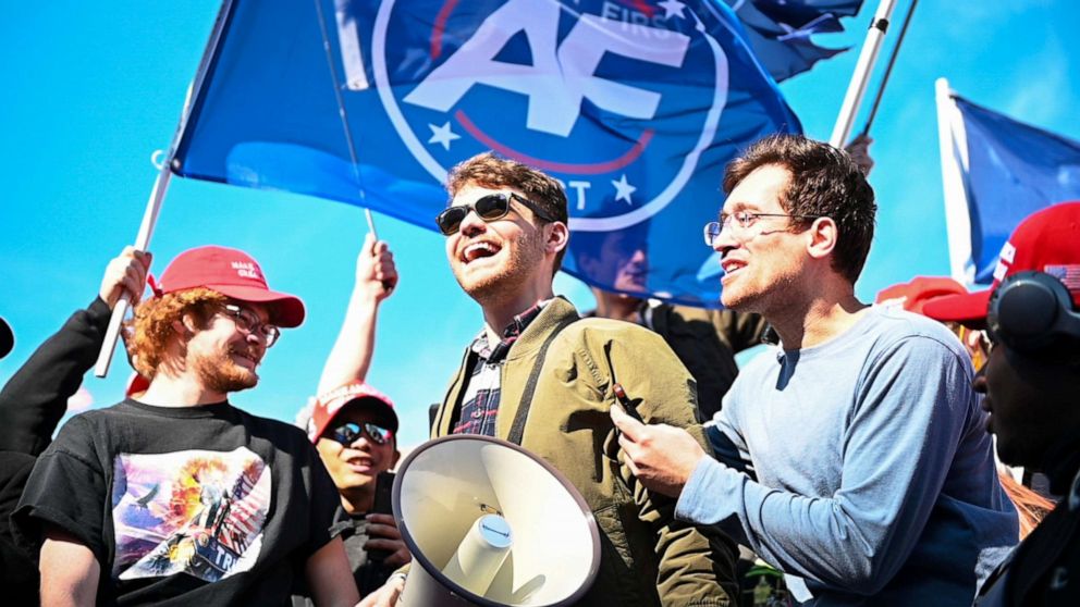 PHOTO: Nicholas Fuentes, the leader of the far right group America First, speaks to his followers at a rally in Washington, D.C., Nov. 14, 2020.