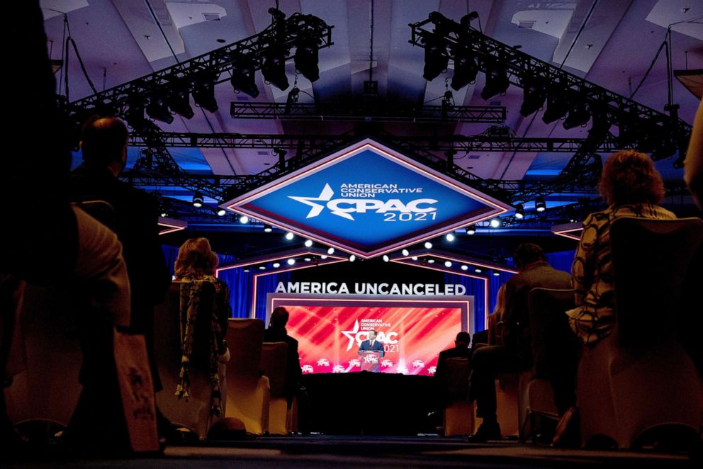 PHOTO: Attendees listen to speakers at the Conservative Political Action Conference (CPAC) in Orlando, Fla., Feb. 26, 2021. 