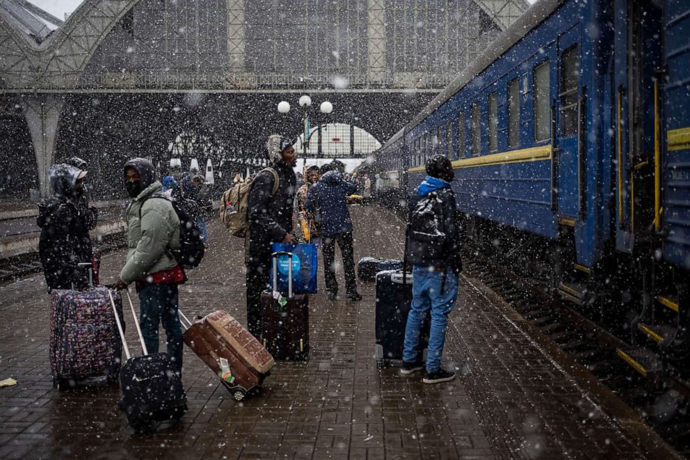PHOTO: Nigeria students in Ukraine wait at the platform in Lviv railway station, on Feb. 27, 2022, in Lviv, west Ukraine.