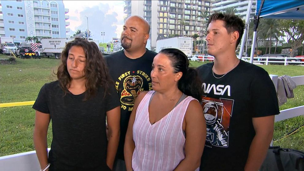 PHOTO: Albert Aguero (top left), his wife Janette Aguero (bottom right), his son Justin Willis (top right) and his daughter Athena Aguero (bottom left) speak to ABC News for an interview on "Good Morning America" in Surfside, Fla. on June 25, 2021.