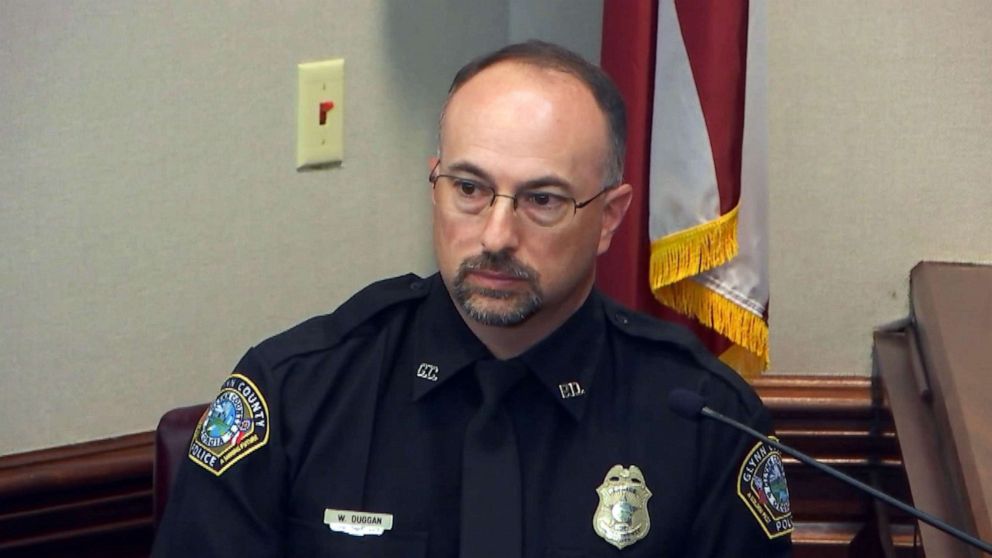 PHOTO: Glynn County Police Officer William Duggan testifies in the trial of Greg McMichael, his son Travis McMichael, and a neighbor, William "Roddie" Bryan, at the Glynn County Courthouse, Nov. 5, 2021, in Brunswick, Ga.