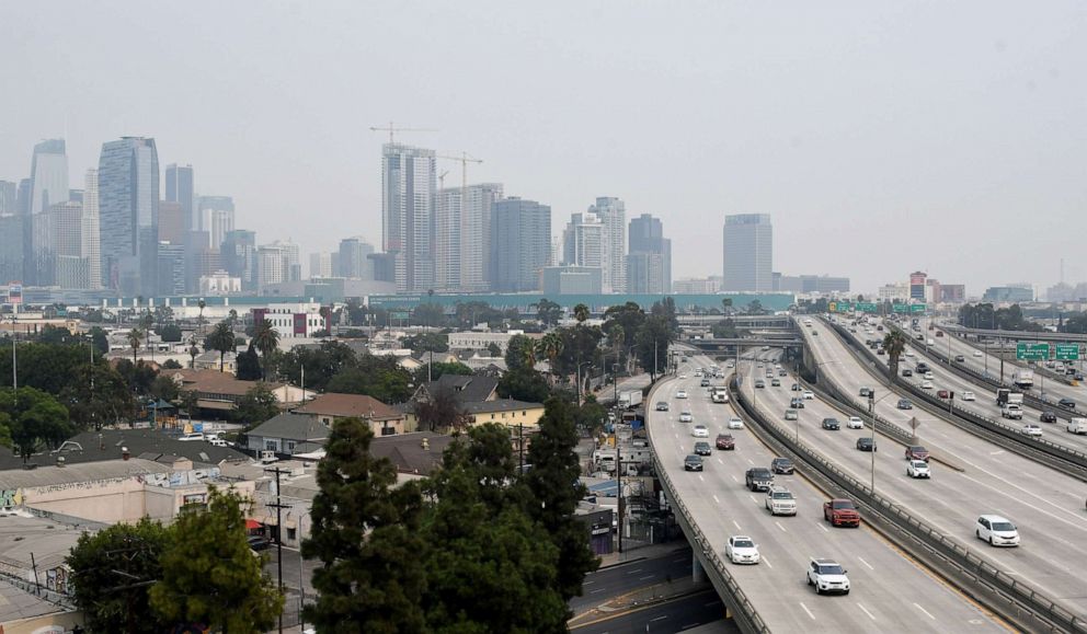 PHOTO: A view of downtown Los Angeles looking north from Optum Heath Care parking lot through the smoke from the Bobcat and the El Dorado fires with poor air quality in Los Angeles, Sept. 11, 2020. 