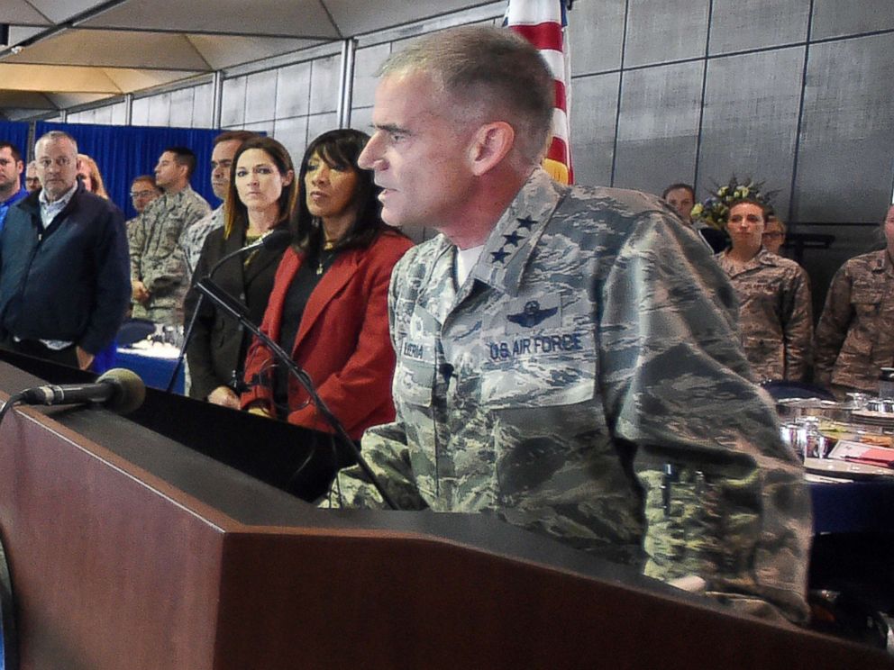 PHOTO: Academy superintendent Lt. Gen. Jay Silveria speaks about race relations to U.S. Air Force cadets during lunch at the Air Force Academy in Colorado Springs, Colo., Sept. 29, 2017.