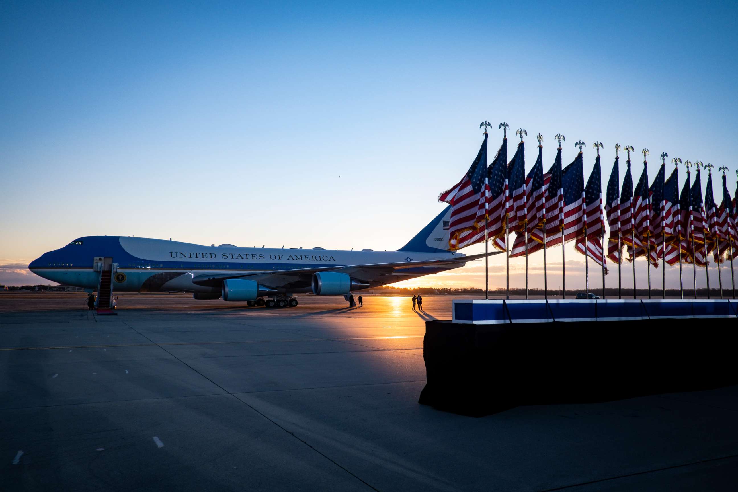 PHOTO: Air Force One sits on the tarmac at Joint Base Andrews in Prince George's County, Maryland, on Jan. 20, 2021, ahead of outgoing U.S. President Donald Trump's departure to Florida.