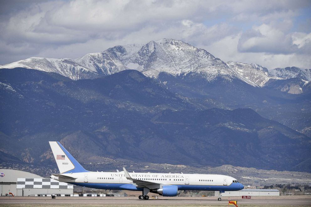 PHOTO: Vice President Mike Pence arrives at Peterson Air Force Base on Air Force Two before giving a graduation address at the Air Force Academy on April 18, 2020 in Colorado Springs, Colorado.
