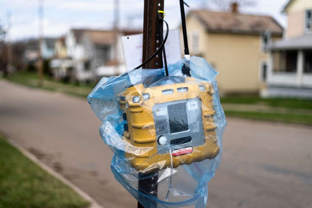 PHOTO: An Environmental Protection Agency (EPA) air monitoring device is mounted to a post following the train derailment in East Palestine, Ohio, April 4, 2023.