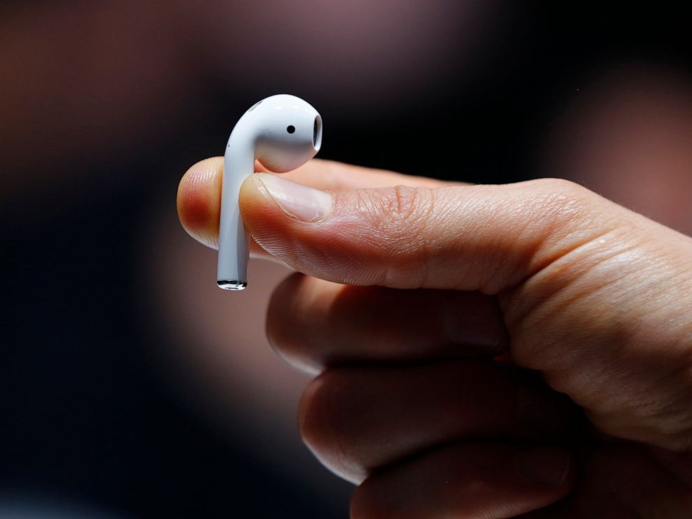 PHOTO: A wireless AirPod is held during an Apple event in San Francisco, Calif., Sept. 7, 2016.