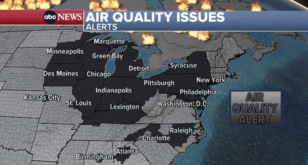 PHOTO: Air quality alerts remain in effect for more than 100 million Americans across the Midwest into the Northeast Wednesday evening.