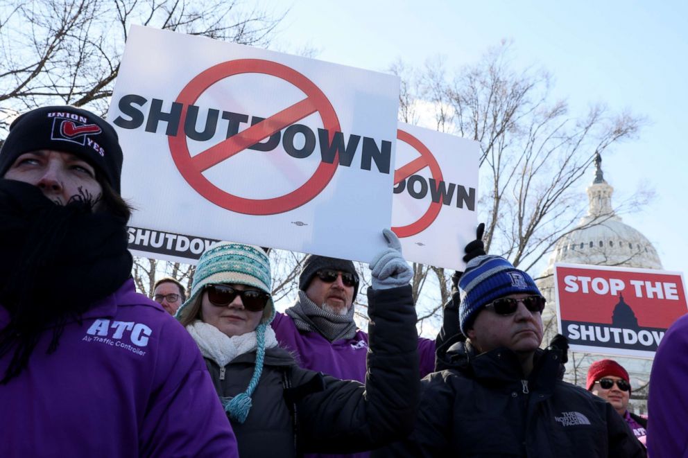 PHOTO: Federal air traffic controller union members protest the partial government shutdown in a rally at the U.S. Capitol in Washington, Jan. 10, 2019.