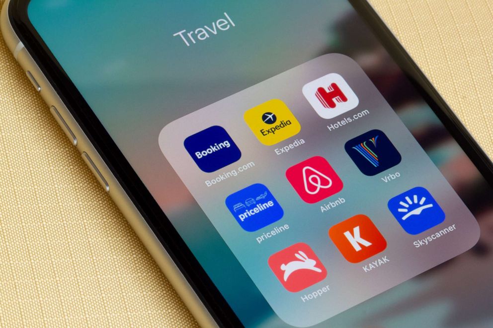 PHOTO: VRBO, Airbnb and other travel apps are seen on an iPhone screen on Feb 10, 2021 in Portland, Ore.