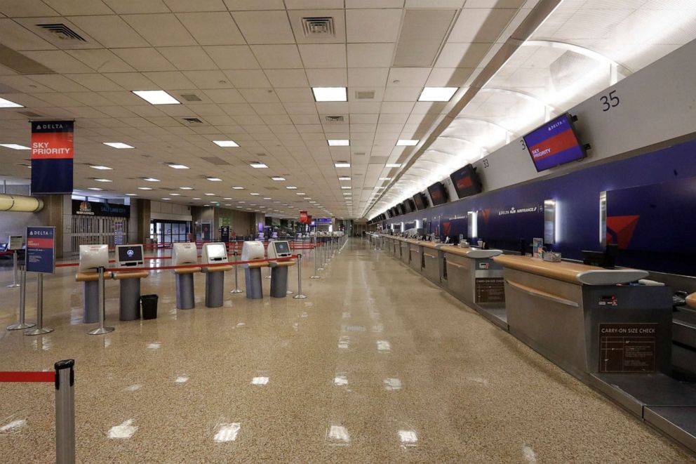 PHOTO: An empty delta ticket counter is shown at Salt Lake City International Airport, April 7, 2020, in Salt Lake City. 