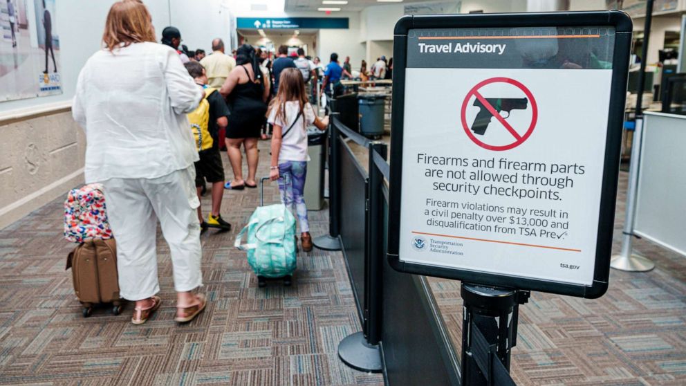 PHOTO: A sign at a security checkpoint in the Fort Lauderdale-Hollywood International Airport warns that firearms are not allowed, in Fort Lauderdale, Fla., Aug. 19, 2019.