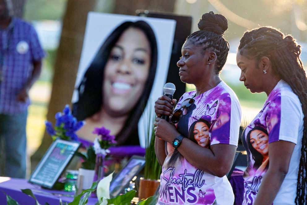 PHOTO: Pamela Dias, second from right, remembers her daughter, Ajike Owens, as mourners gather for a remembrance service at Immerse Church of Ocala for Owens, June 8, 2023, in Ocala, Fla.