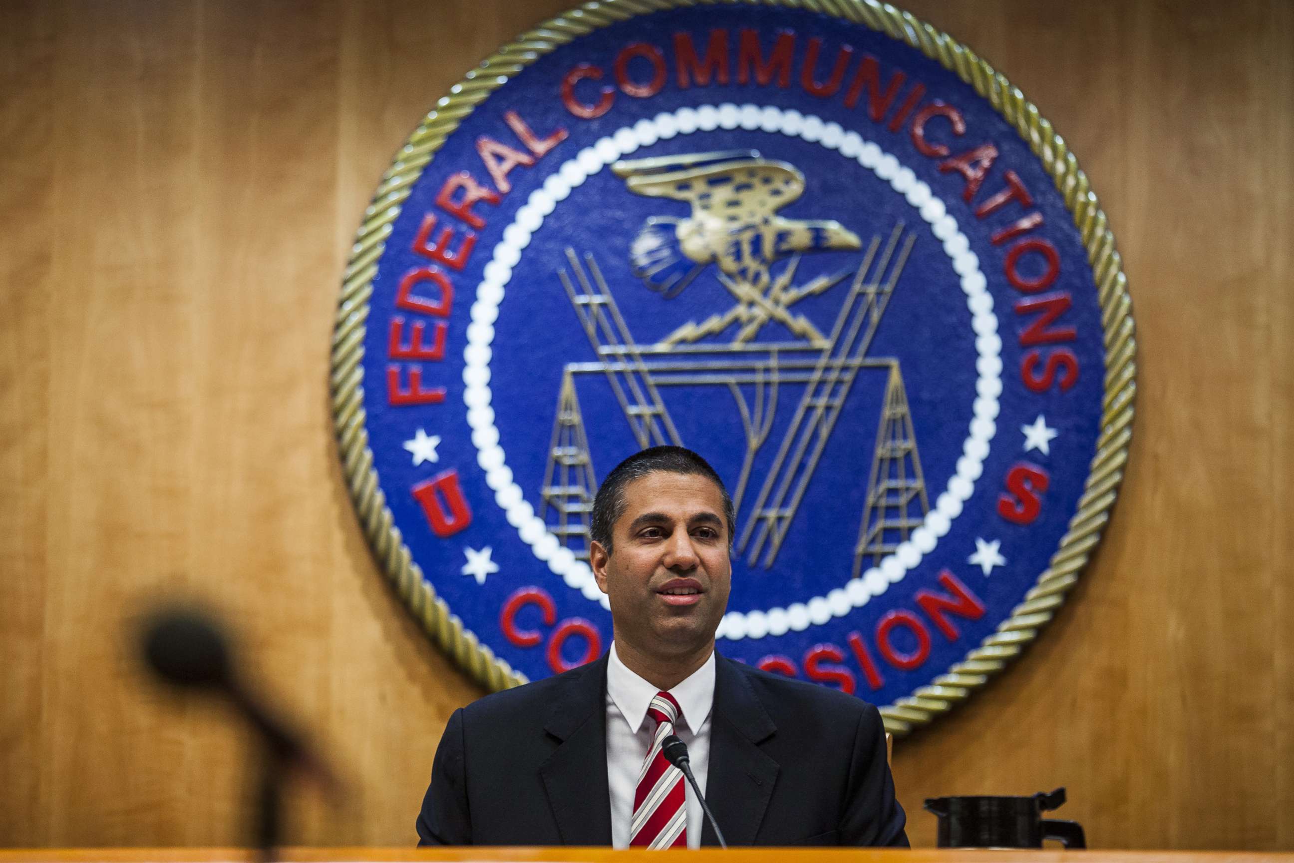 PHOTO: Ajit Pai, chairman of the Federal Communications Commission (FCC), speaks during an open meeting in Washington, D.C., Nov. 16, 2017. 