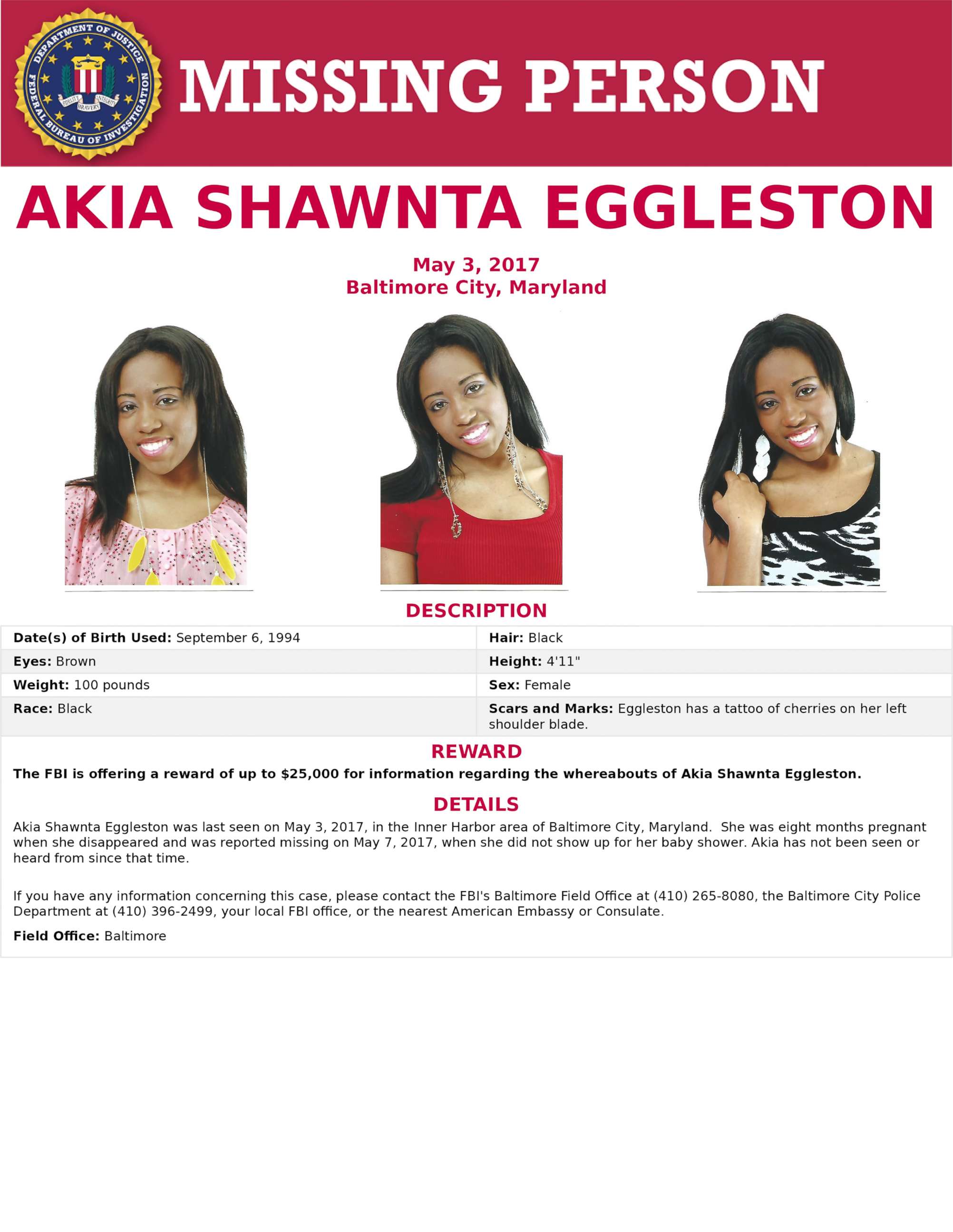 PHOTO: Akia Shawnta Eggleston was last seen on May 3, 2017, in the Inner Harbor area of Baltimore City, Md.