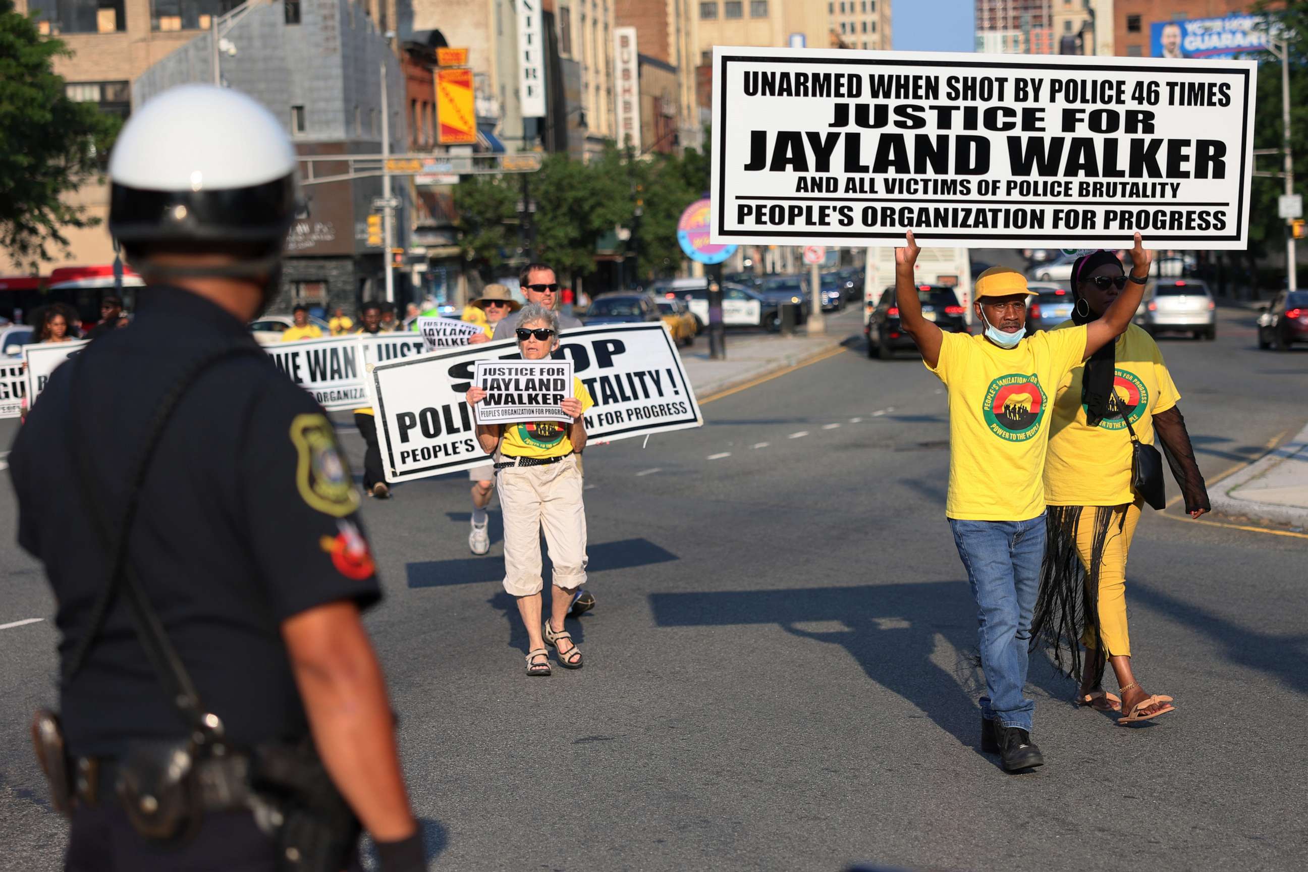 PHOTO: People march demanding justice for Jayland Walker on Market Street on July 15, 2022, in Newark, N.J.
