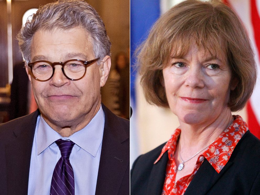 PHOTO: Senator Al Franken, walks through the U.S. Capitol in Washington, Dec. 7, 2017 and Vice Governor of Minnesota, Tina Smith, looks on during a press conference, June 22, 2017 in Havana, Cuba. 