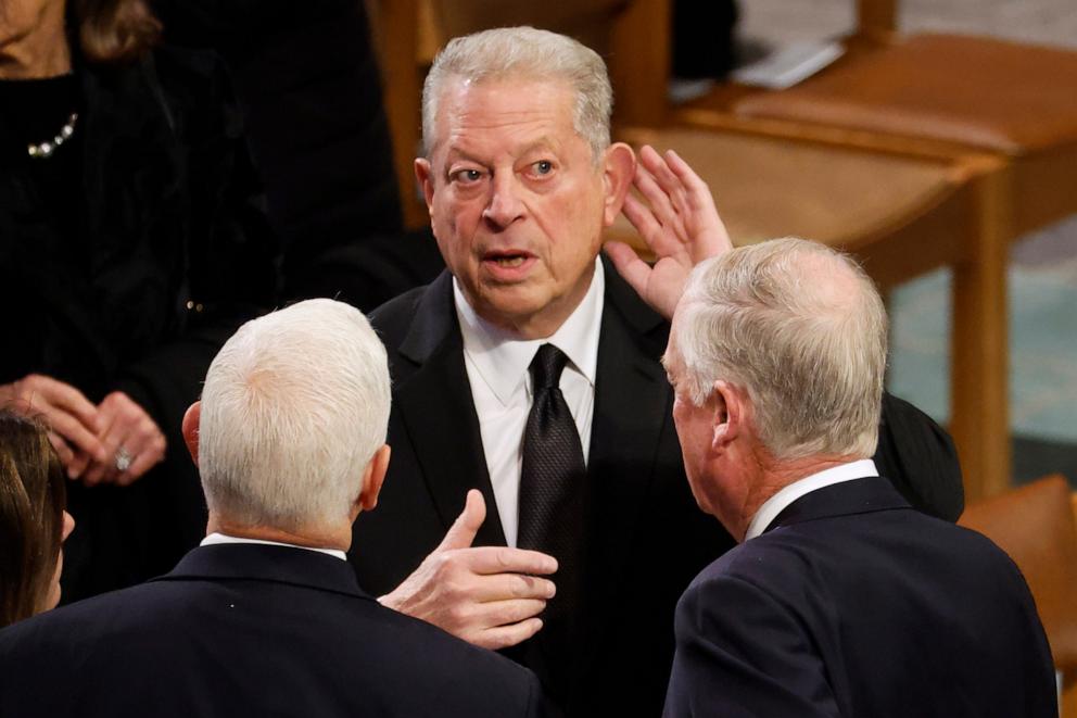 PHOTO: Former Vice Presidents Al Gore, Mike Pence and Dan Quayle speak ahead of the state funeral for former U.S. President Jimmy Carter at Washington National Cathedral, Jan. 9, 2025, in Washington.