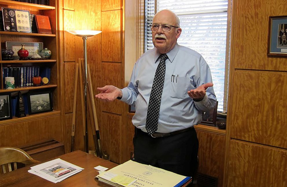 PHOTO: In this May 12, 2016, file photo, North Dakota Secretary of State Al Jaeger speaks to a reporter in his office in Bismarck, ND.