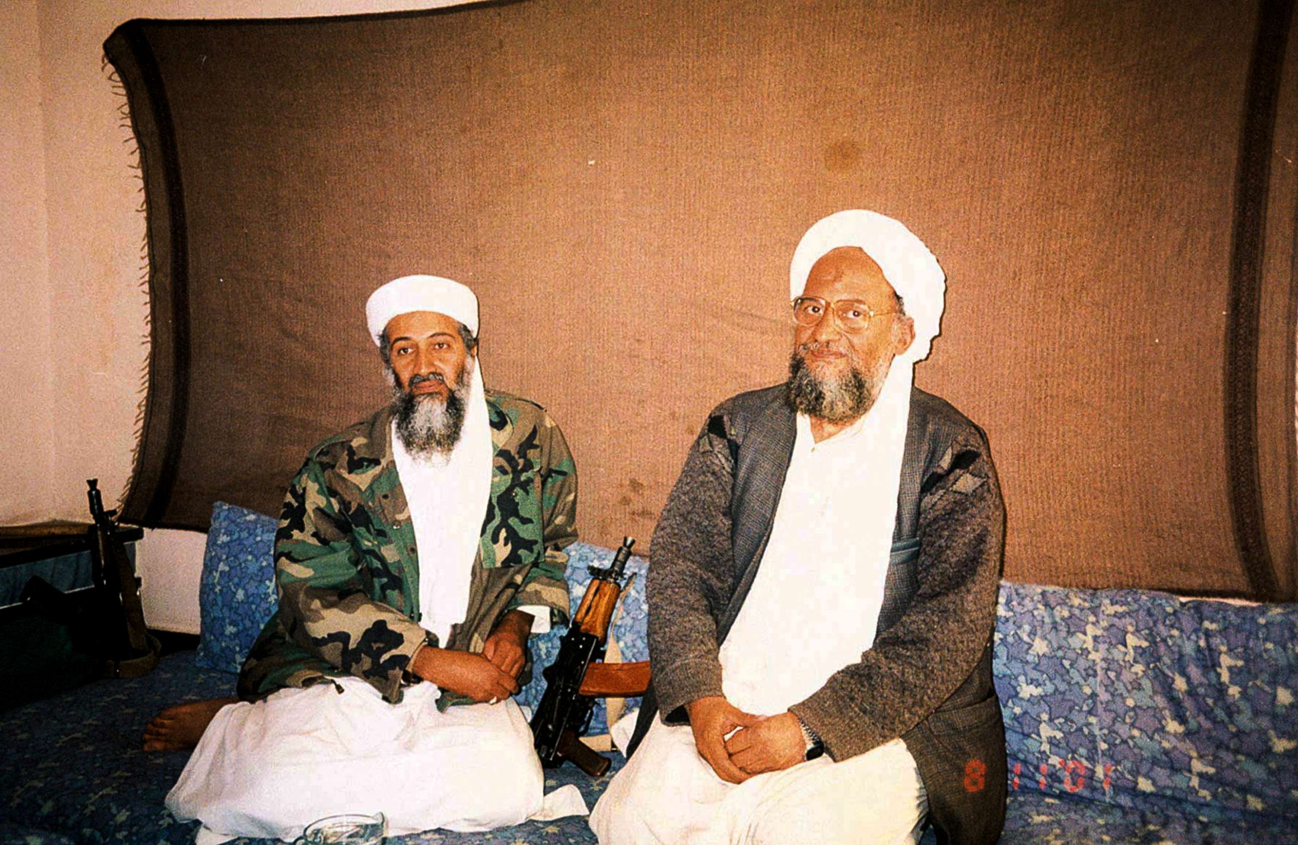 PHOTO: Osama bin Laden sits with his adviser Ayman al-Zawahiri, an Egyptian linked to the al Qaeda network, during an interview with Pakistani journalist Hamid Mir in an image supplied by Dawn newspaper Nov. 10, 2001. 