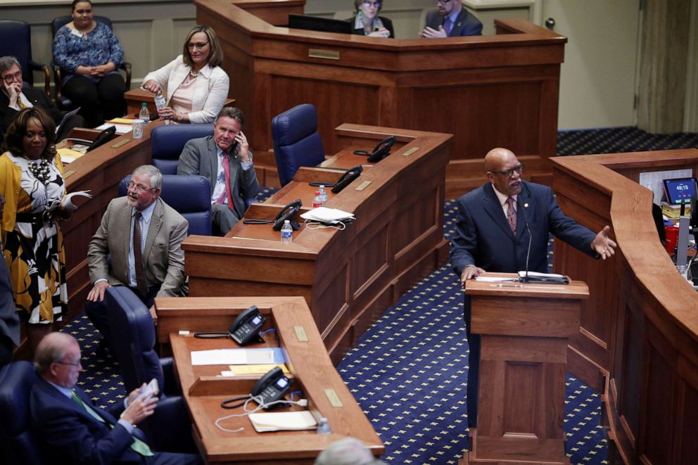 PHOTO: State Sen. Rodger Smitherman speaks during a state Senate vote on a strict anti-abortion bill at the Alabama Legislature in Montgomery, Ala., May 14, 2019.