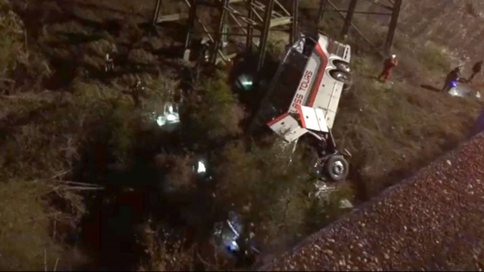 PHOTO: Emergency personnel  working the site of a bus crash on I-10 in Alabama. The bus was carrying high school band students from the Houston area according to school officials. 