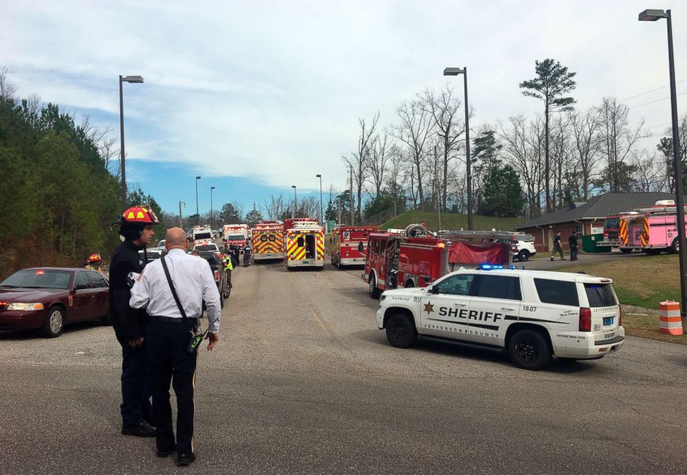 PHOTO: Emergency personnel gather near Birmingham Water Works where a chemical spill sent more than 50 people to the hospital, Feb. 27, 2019.