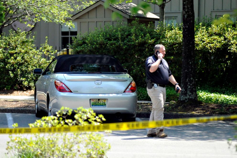 PHOTO: A police officer walks outside St. Stephen's Episcopal Church in Vestavia Hills, Alabama on June 17, 2022. Authorities say two people were shot to death and a third was wounded during an evening gathering.
