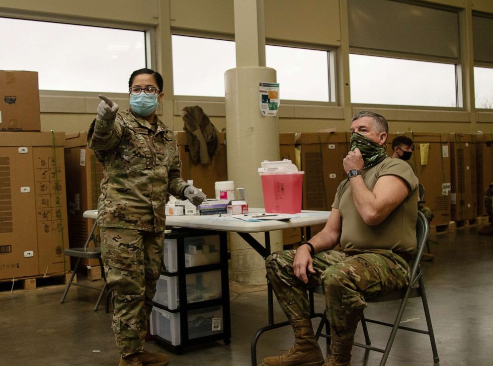 PHOTO: Alabama National Guard Soldiers and Airmen receive the COVID-19 vaccination from Alabama National Guard Medical Detachment Soldiers on Jan. 7, 2021.