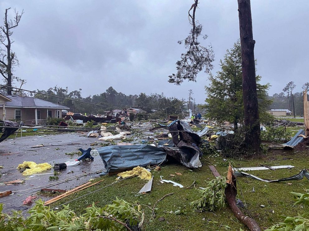 PHOTO: Debris covers the street in East Brewton, Ala., June 19, 2021, after a suspected tornado spurred by Tropical Storm Claudette battered at least 50 homes in the small town just north of the Florida border.