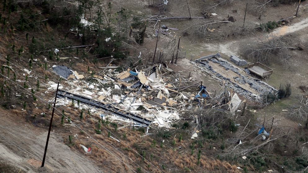 PHOTO: A tornado damaged home is shown as President Donald Trump flies above en route to Auburn, Ala., Friday, March 8, 2019. More storms are expected in the South on Saturday.
