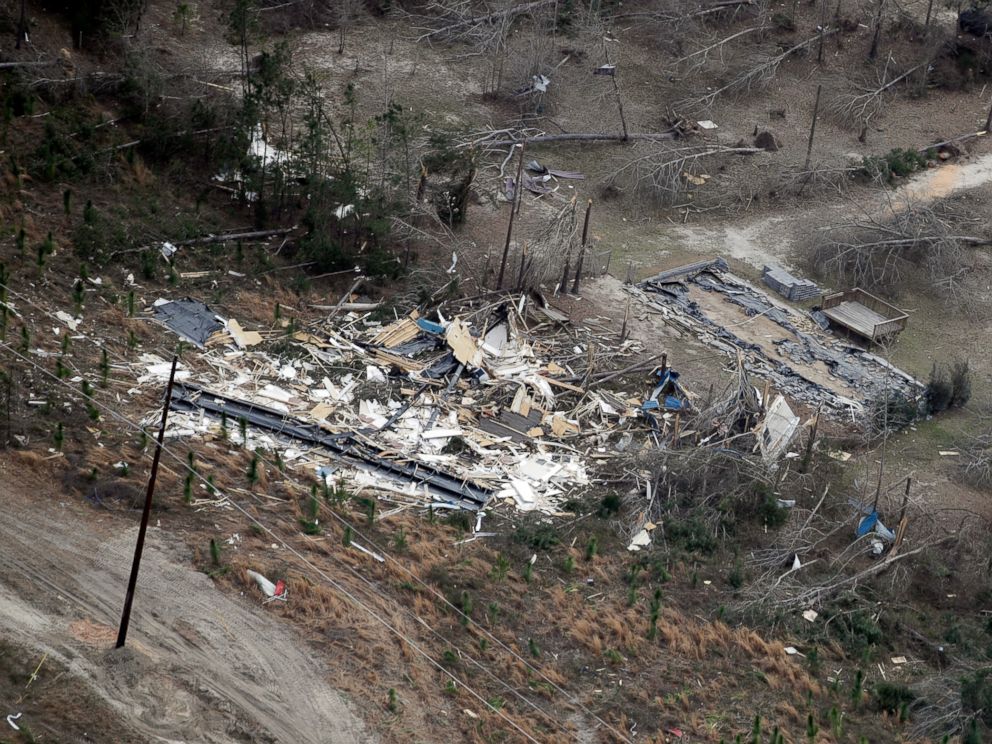 PHOTO: A tornado damaged home is shown as President Donald Trump flies above en route to Auburn, Ala., Friday, March 8, 2019. More storms are expected in the South on Saturday.