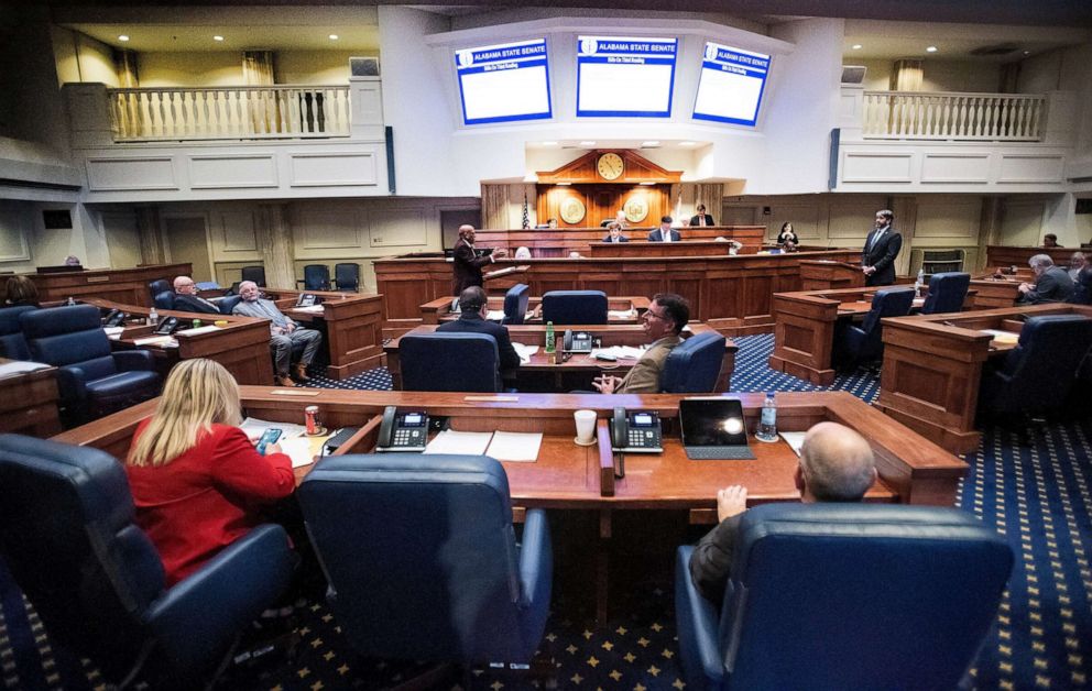 PHOTO: Debate on transgender bills is held during the legislative session in the senate chamber at the Alabama Statehouse in Montgomery, Ala., April 7, 2022.