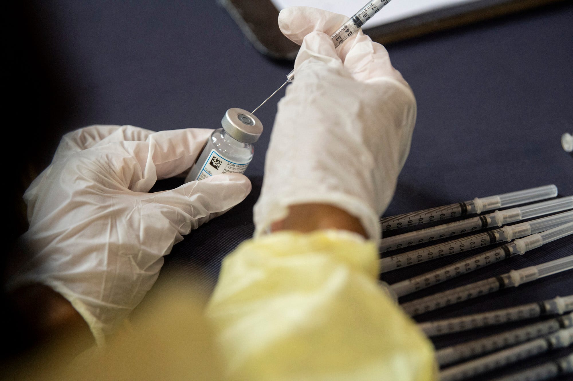 PHOTO: Moderna COVID-19 vaccine is load into needles at the COVID-19 vaccine clinic at Alabama State University in Montgomery, Ala., Feb. 22, 2021.