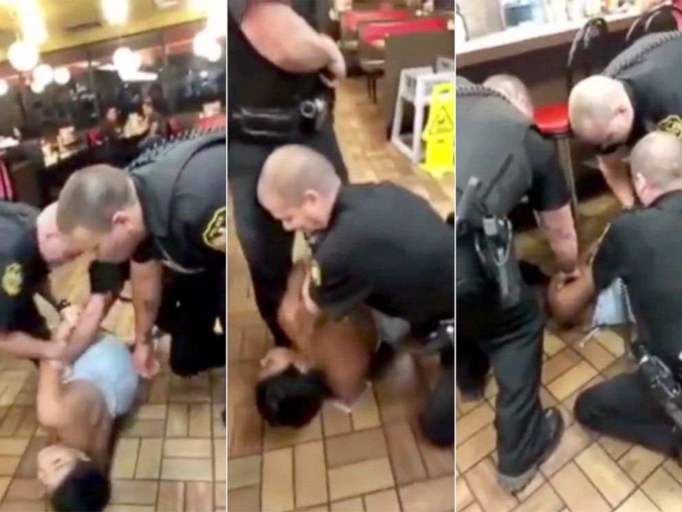 PHOTO: Chikesia "KiKi" Clemons, 25, was wrestled to the ground by two uniformed police officers after allegedly refusing to pay extra for plastic utensils, April 22, 2018, at an Alabama Waffle House.
