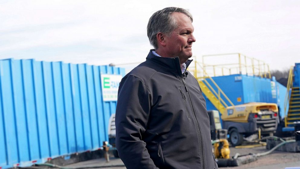 PHOTO: Norfolk Southern President and CEO Alan Shaw speaks to reporters, Tuesday, Feb. 21, 2023, near the site where a freight train derailed Feb. 3 in East Palestine, Ohio.