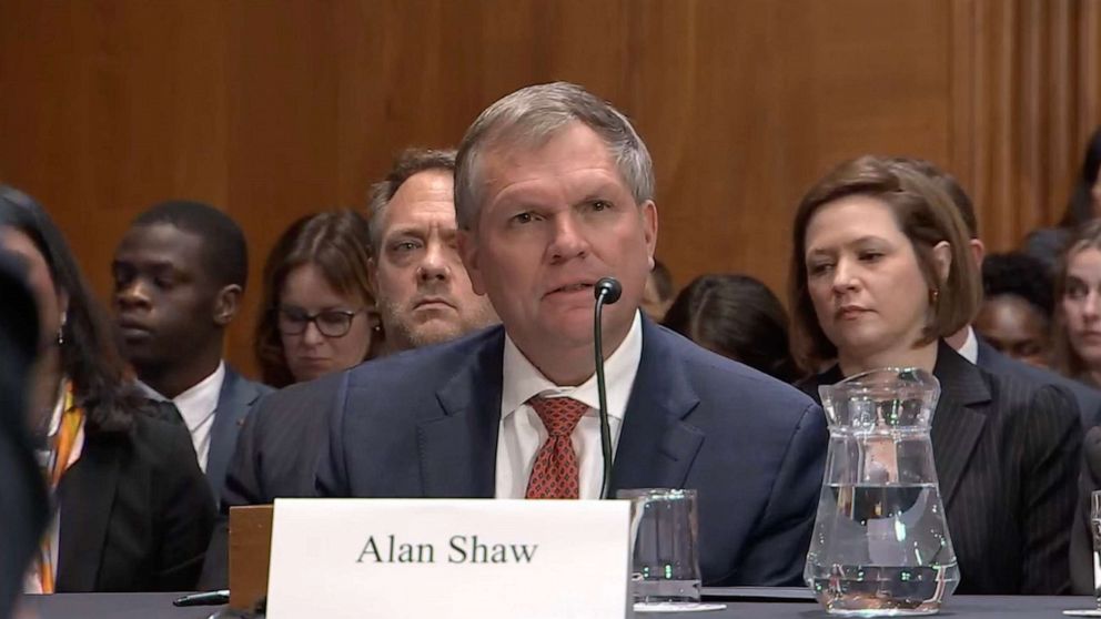 PHOTO: Norfolk Southern CEO Alan Shaw testifies before a US Senate Committee on Environment and Public Works hearing on the environmental and public health threats from the Norfolk Southern February 3 train derailment, on March 9, 2023, in Washington, DC.
