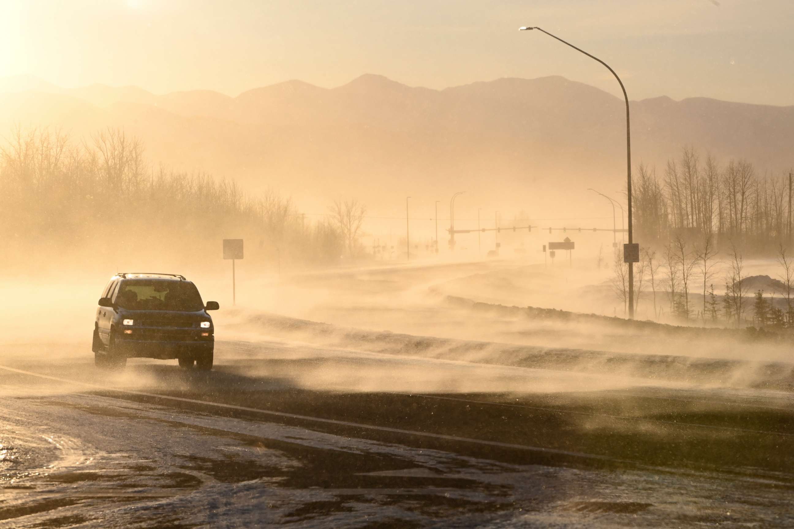 PHOTO: Blowing snow reduced visibility on the Glenn Highway near Palmer, Alaska, during the windstorm, Jan. 2, 2022. 
