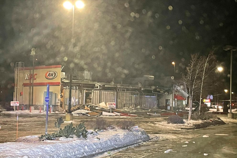 PHOTO: In this photo provided by the Wasilla Police Department, is a combined KFC and A&W fast-food building, which had one wall missing and debris piled in the drive-thru lane after a wind storm in Wasilla, Alaska, Jan. 2, 2022. 