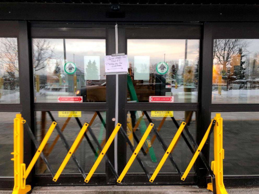 PHOTO: A closed entrance at the north terminal at Ted Stevens Anchorage International Airport in Anchorage, Alaska, where a flight plane carrying U.S. citizens being evacuated from Wuhan, China is expected, is seen Tuesday, Jan. 28, 2020.