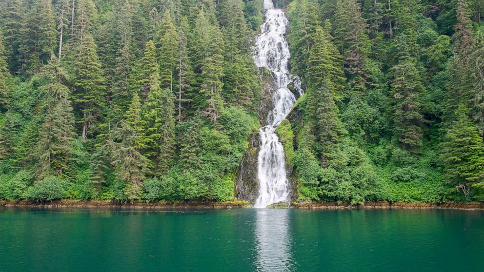 PHOTO: A waterfall parts the greenery in Red Bluff Bay on Baranof Island, Tongass National Forest, Alaska, July 12, 2019.
