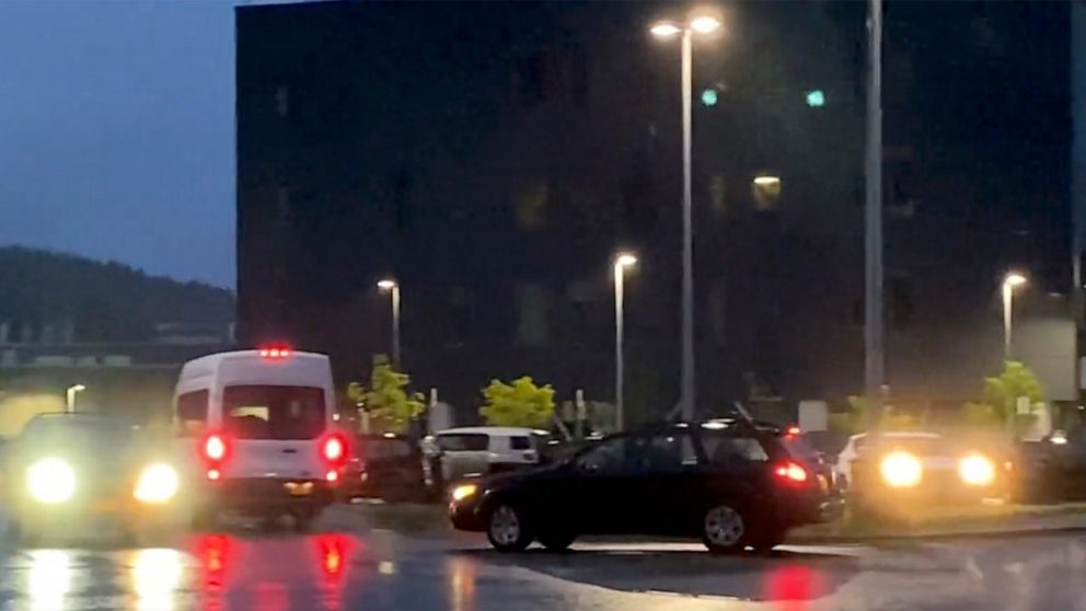 PHOTO: This image made from the video posted to social media by Jared Griffin shows vehicles around Kodiak High School following the earthquake, in Kodiak, Alaska, Saturday, July 15, 2023.