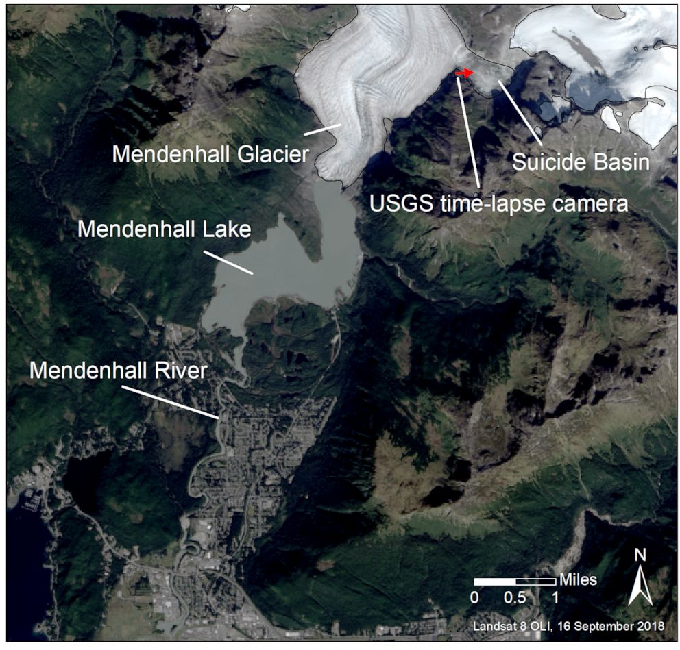 PHOTO: Map indicating the location of Suicide Basin, a side basin of the Mendenhall Glacier above Juneau, Alaska. Since 2011, Suicide Basin has released glacier lake outburst floods that cause inundation along Mendenhall Lake and Mendenhall River.