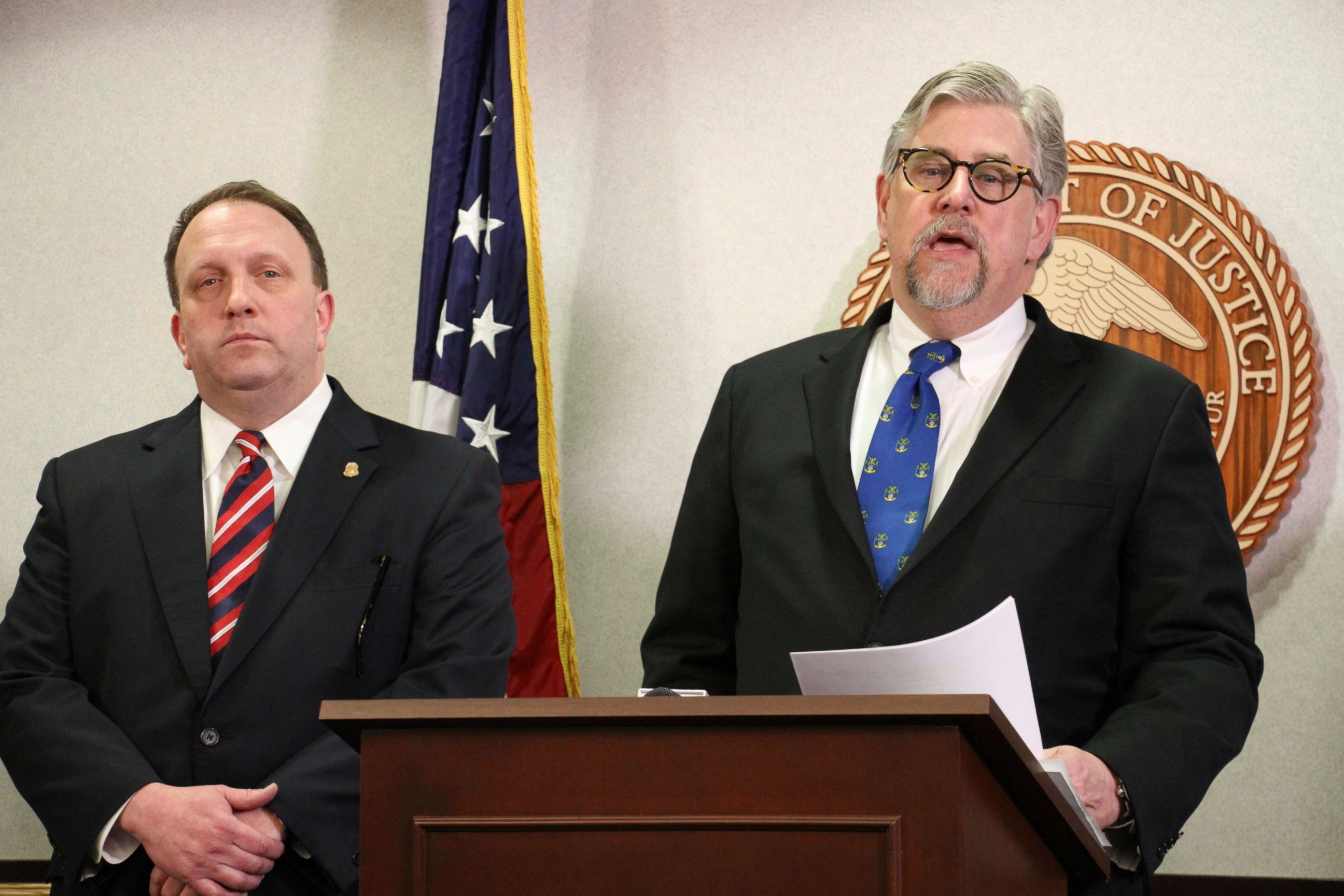 PHOTO: Jeffery Peterson, of the Anchorage FBI office, left, and Bryan Schroder, Alaska's U.S. Attorney, right, announce members of a gang operating in Alaska have been charged in a racketing enterprise in Anchorage, Alaska, Wednesday, March 27, 2019.