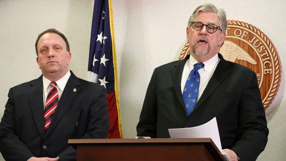 PHOTO: Jeffery Peterson, of the Anchorage FBI office, left, and Bryan Schroder, Alaska's U.S. Attorney, right, announce members of a gang operating in Alaska have been charged in a racketing enterprise in Anchorage, Alaska, Wednesday, March 27, 2019.