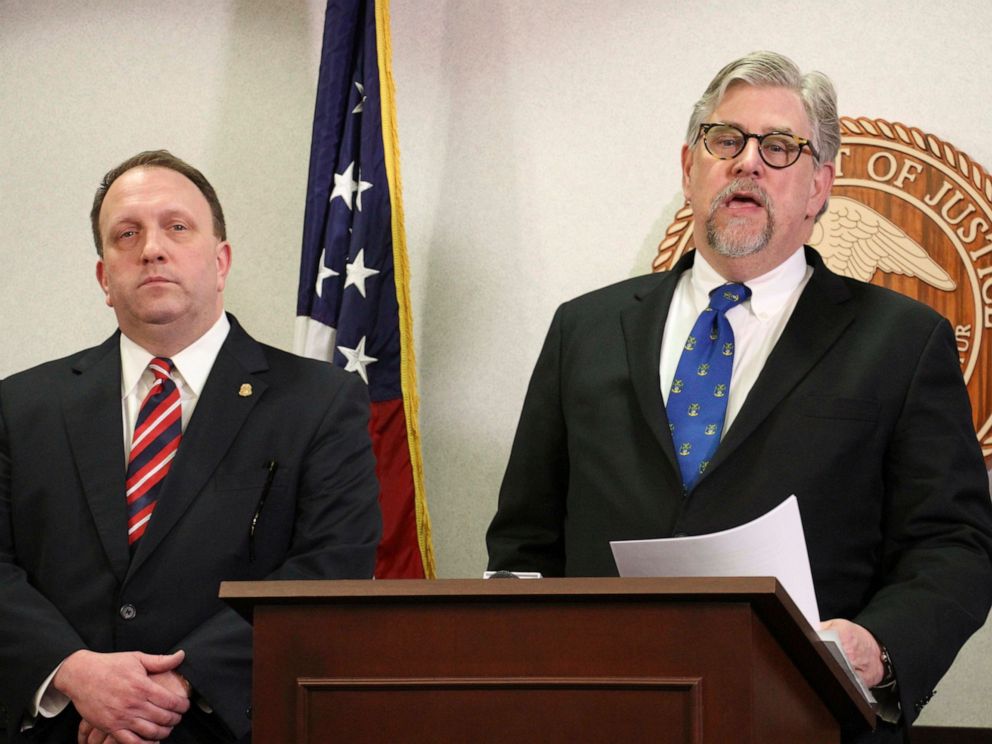 PHOTO: Jeffery Peterson, of the Anchorage FBI office, left, and Bryan Schroder, Alaskas U.S. Attorney, right, announce members of a gang operating in Alaska have been charged in a racketing enterprise in Anchorage, Alaska, Wednesday, March 27, 2019.